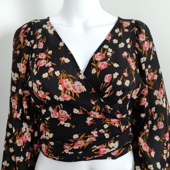 A.L.C. Carla Floral Print Wrap Top Size 2 Black Pink 100% Silk Crepe Blouse - Picture 3 of 15